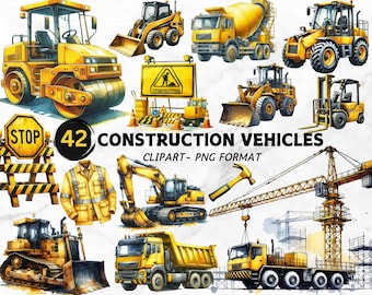 Watercolor Construction Vehicle Clipart: 44 PNG Images (Digital Download)