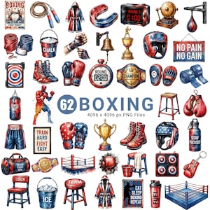 Boxningsclipart, akvarellboxning PNG, boxningshandskar Clipart, boxare Clipart, boxningssäck PNG, boxningsring, sport och fitness, kommersiellt bruk