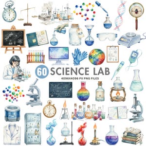 May include: A watercolour illustration of science lab equipment, including beakers, flasks, microscopes, and a chalkboard with formulas. The image also features a scientist, a computer monitor, and the text "60 SCIENCE LAB".