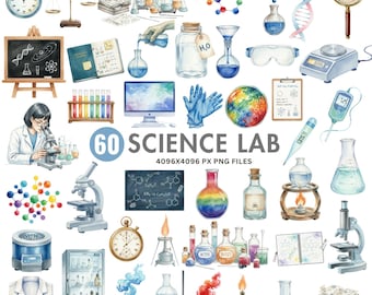 Watercolor Science Lab Clipart, Laboratory Illustrations, Chemistry PNG, Microscope Test Tubes Molecules, Scientist Teacher, STEM Classrooms