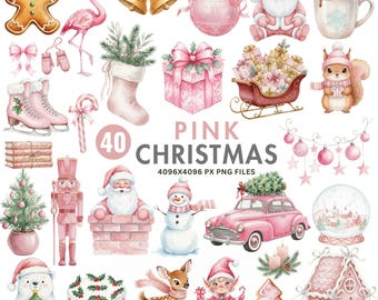 Pink Christmas Clipart, Cute Watercolor Christmas PNG, Pink Santa Clipart, Gingerbread PNG, Reindeer PNG, Nursery Christmas, Commercial Use