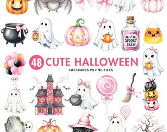 Clipart Halloween mignon, aquarelle fantôme PNG Bundle, clipart citrouille pastel, Illustrations d'Halloween kawaii, usage commercial effrayant PNG mignon