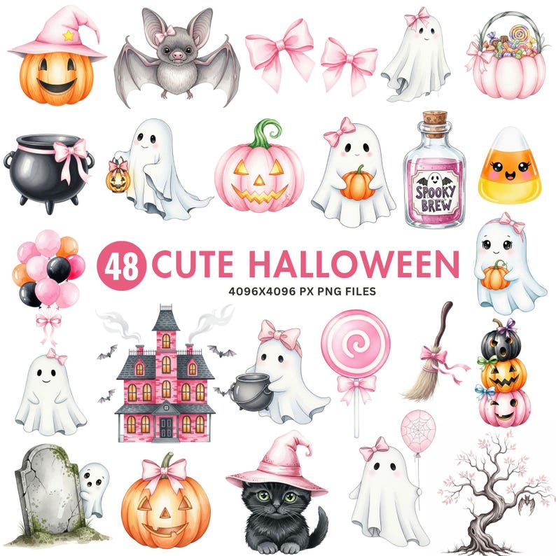Watercolor cute Halloween clipart set with pastel ghosts, pumpkins, bats, and kawaii spooky elements for digital crafting and sublimation