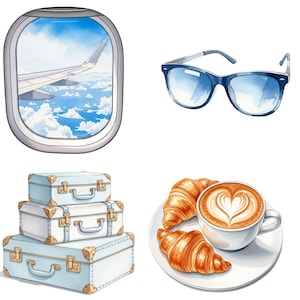 Vintage suitcase and airplane watercolor clipart set, designed for travel-themed DIY invitations, planner layouts, and commercial projects.