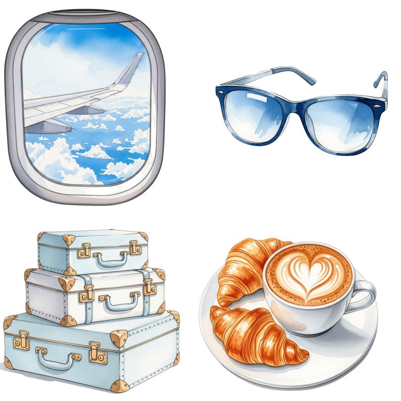 Vintage suitcase and airplane watercolor clipart set, designed for travel-themed DIY invitations, planner layouts, and commercial projects.