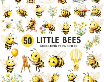 Watercolor Bee Clipart Bundle: 50 PNGs, Honeycomb & Spring Flowers (Commercial Use