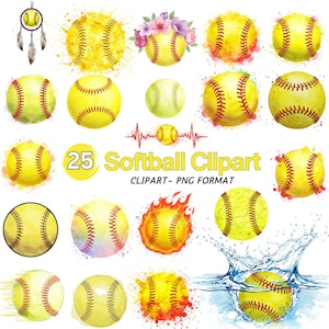 Op de afbeelding: Een verzameling van 25 softbal clipart afbeeldingen. De illustraties tonen gele softballs met rode stiksels, sommige met aquareleffecten, vlammen en waterspatten. De tekst luidt "25 Softball Clipart".