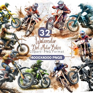 Aquarell Dirt Bike Clipart PNG Bundle, Aquarell Motocross und Off-Road Motorrad-Kunst, Racing Bike Design, digitaler Download zum Basteln