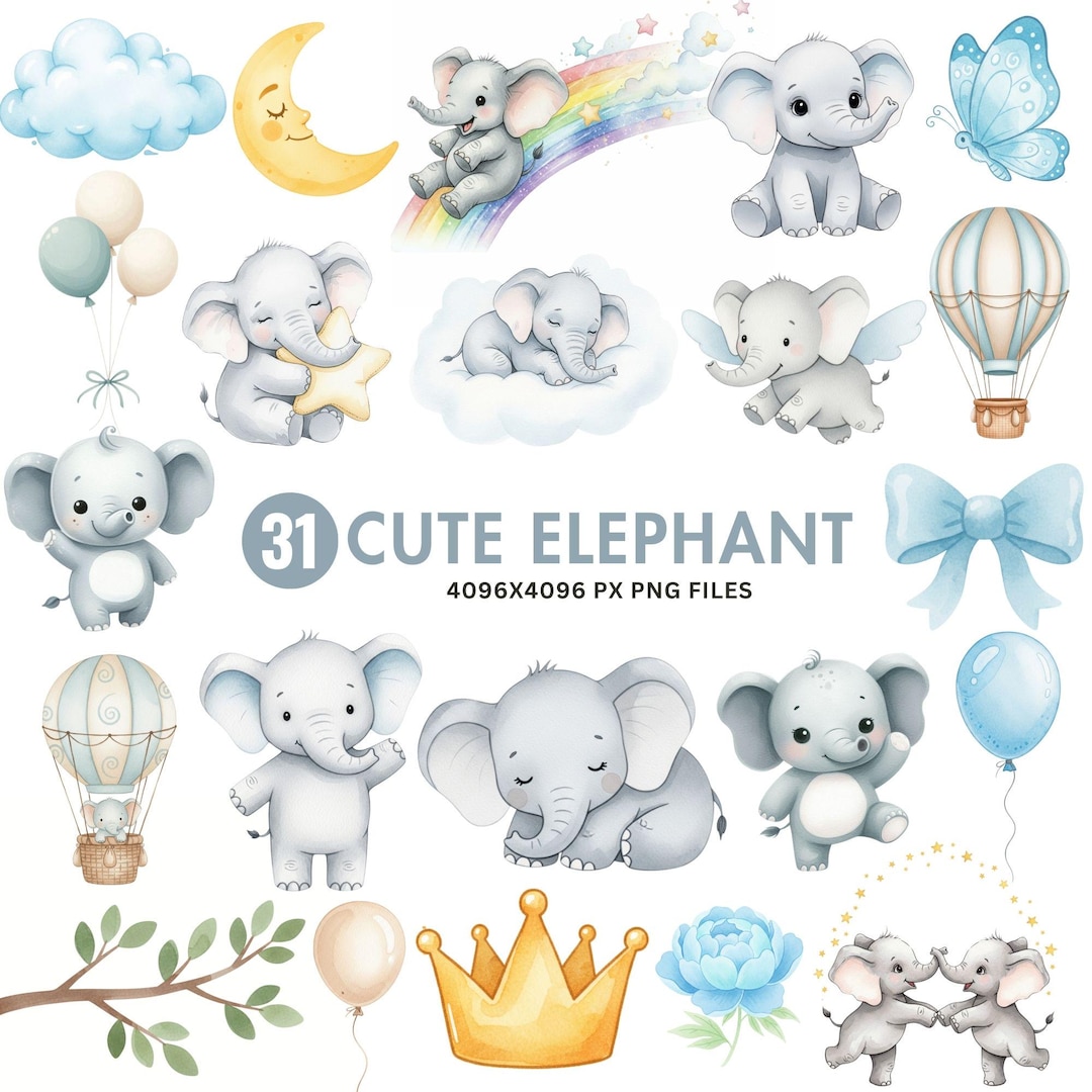 Watercolor Baby Elephant Clipart, Cute Baby Animal PNG, Nursery Clipart ...