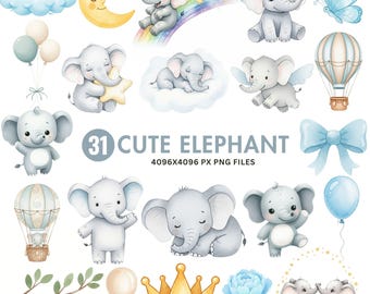 Aquarell Baby Elefant Clipart, niedliches Baby Tier PNG, Kinderzimmer Clipart, Dschungel Safari-Baby-Dusche-Dekor, blauer Elefant Digital Download