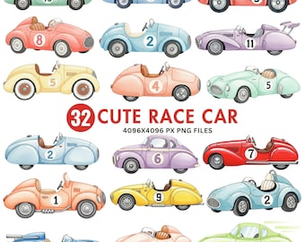 Watercolor Race Car Clipart Bundle: Vintage Sports Car Illustrations (Digital Download)