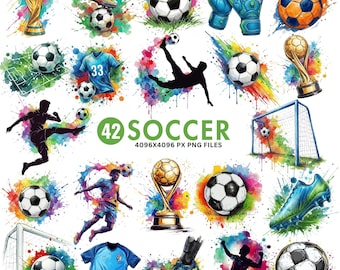 Watercolor Soccer Clipart, Football PNG, Sports Clipart Set, Football Goal Art, Soccer Elements Png, Digital Football PNG, Commercial Use
