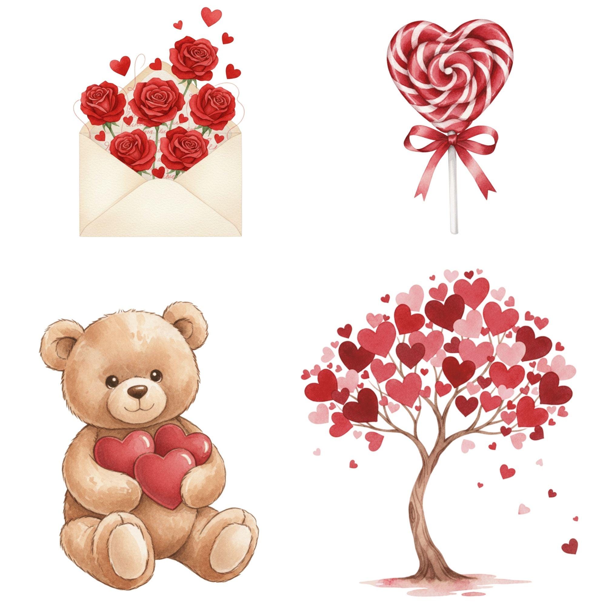 Valentine Clipart Bundle, Watercolor Valentines Day Pngs, Kawaii Love ...