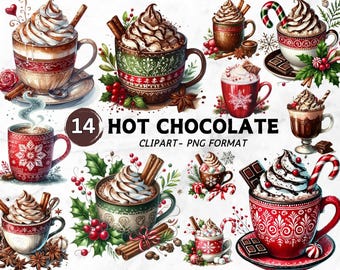 Watercolor Hot Chocolate Clipart: Christmas Cocoa PNG Files (Commercial Use)