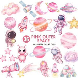 以下が含まれることがあります： ピンク色の宇宙をテーマにしたイラストのコレクション。惑星、ロケット、宇宙飛行士、星、望遠鏡が含まれています。「PINK OUTER SPACE」の文字と数字「36」が表示されています。イラストは水彩画風です。