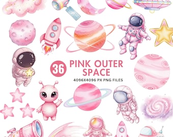 Watercolor Pink Space Clipart: Girl Astronaut, Planets (Digital Download PNGs)