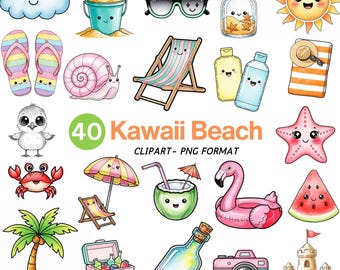Clipart plage kawaii : aquarelle pastel estival graphiques (usage commercial, téléchargement numérique)