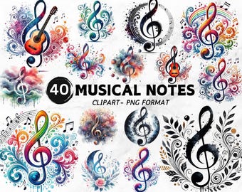 Paquete de imágenes prediseñadas de notas musicales en acuarela: Clave de sol PNG (descarga digital)