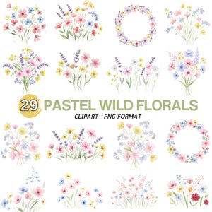 Clipart de flores silvestres, bordes florales pastel, flores de pradera, invitaciones de boda, flores de primavera y verano, clipart de flores silvestres PNG