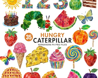 Very Hungry Caterpillar Clipart Bundle, Caterpillar PNG, Storybook Characters, Birthday Party Decor, Classroom Decor, Watercolor Fruits Set
