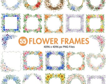 Floral Frame Clipart, Watercolor Flower Borders, Wildflower Frame PNG, Wedding Invitation Frames, Botanical Floral Wreath, Commercial Use