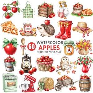 Puede incluir: Ilustraciones de acuarela de manzanas y elementos relacionados. Incluye una porción de tarta de manzana, un tarro de mermelada de manzana, botas de agua rojas, un sombrero de paja, una cesta de manzanas y una batidora de pie roja. El texto dice "Watercolor Apples".