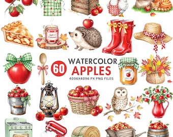Watercolor Apple Clipart Set: Rustic Orchard Illustrations (PNG Digital Download)