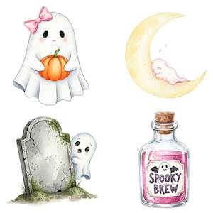 Watercolor Halloween PNG set featuring adorable ghosts, kawaii pumpkins, pastel bats, and spooky cute illustrations for crafters and designers