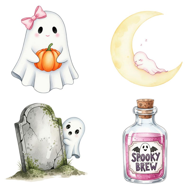 Watercolor Halloween PNG set featuring adorable ghosts, kawaii pumpkins, pastel bats, and spooky cute illustrations for crafters and designers