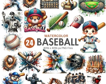 Watercolor Baseball Clipart, Baseball PNG Bundle, Sports Clipart Graphics, Cute Baseball Illustrations, Sublimation Design, Commercial Use