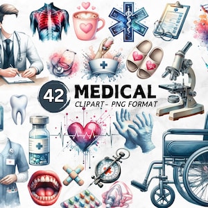 Paquete de imágenes prediseñadas médicas, gráficos de médicos y enfermeras, elementos de atención médica, archivos PNG de medicina para sublimación, descarga digital, uso comercial