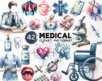 Watercolor Medical Clipart, Doctor Clipart, Nurse Clipart, Healthcare PNG, Hospital Clipart, Medicine Art, Medical Elements, Stethoscope PNG