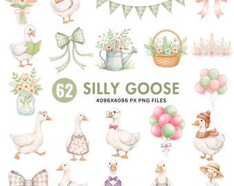 Clipart de ganso engraçado, bebê ganso em aquarela PNG, decoração de berçário Cottagecore, clipart de aniversário caprichoso, chá de bebê, clipart para uso comercial