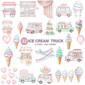 Ice Cream Truck Clipart, Ice Cream Cart Clipart, Watercolor Ice Cream Png, Pastel Ice Cream Png, Summer Dessert Clipart, Digital Download