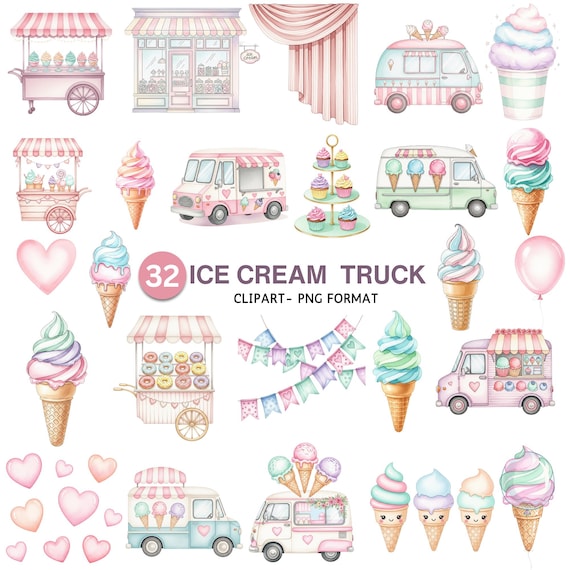 Ice Cream Truck Clipart, Ice Cream Cart Clipart, Watercolor Ice Cream Png, Pastel Ice Cream Png, Summer Dessert Clipart, Digital Download