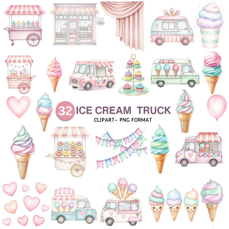 Watercolor Ice Cream Truck Clipart with Pastel Summer Treats and Ice Cream Cones for Kids Party Invitations and Digital Art Projects