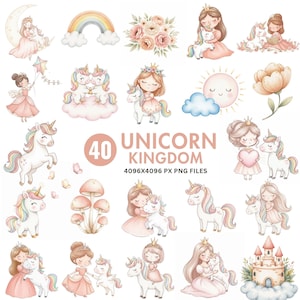 Cute Unicorn Clipart, Princess And Unicorn, Watercolor Unicorn, Baby Unicorn Clipart, Pastel Unicorn PNG, Magical Kingdom, Castle Clipart