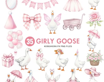 Rosa Gans Clipart, Dumme Gans PNG, Süße Girly Gans Clipart, Vintage Aquarell Gans, Kokette Kinderzimmer Kunst, Babyparty, Geburtstagsgans