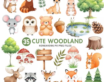 Cute Woodland Animal Clipart, Watercolor Woodland Clipart, Baby Shower Clipart, Woodland Nursery, Boho Baby Animals, Forest Animals Clipart