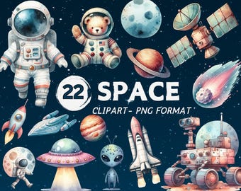 May include: A set of 22 watercolor space clipart images in PNG format. The images include an astronaut, a bear wearing a space suit, a spaceship, a satellite, a comet, a UFO, a planet, a rocket, and a rover.