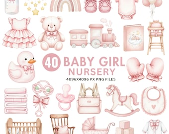 Baby Girl Clipart, Pink Nursery Clipart, Watercolor Baby Animals PNG, Baby Shower Clipart, Boho Baby Clipart, Teddy Bear Clipart, Pink Bunny