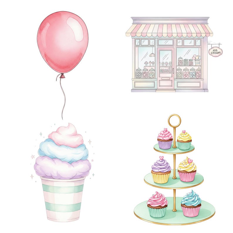 Kawaii-Inspired Ice Cream Cart and Truck Clipart in Watercolor Style, Perfect for Creating Cute Summer Invitations and Digital Designs