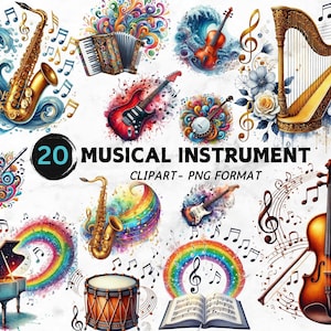Aquarell Musikinstrumente Clipart, Aquarell künstlerische Musiknoten PNG, Musikkunst für Handwerk, digitaler Download, kommerzielle Nutzung Clipart