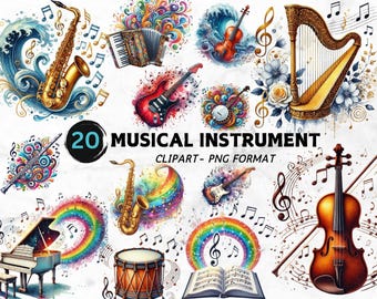 Watercolor Musical Instruments Clipart: Music Notes PNG (Digital Download)