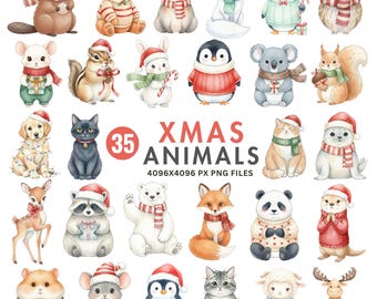 Christmas Animals Clipart, Watercolor Christmas PNG, Cute Woodland Animals, Festive Holiday Clipart, Christmas Reindeer, Winter Graphics