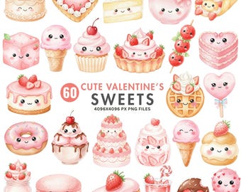 Valentinstag Süßigkeiten Clipart, süße Aquarell Desserts PNG, Kawaii Leckereien, Süßigkeitsbären, Herzen, Valentinstag Leckereien Png, Cliparts für kommerzielle Nutzung