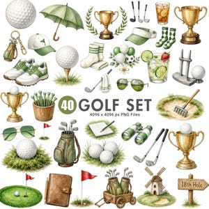Puede incluir: Una colección de ilustraciones de golf que incluye pelotas, palos, bolsas, trofeos, zapatos, calcetines, visera, gafas, tarjeta, binoculares, molino y un letrero con 18th Hole, con el texto 40 GOLF SET 4096 x 4096 px PNG Files.
