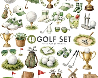 Watercolor Golf Clipart, Sports Png, Golfer Birthday PNG, Course Elements, Golf Ball, Father's Day Gift, Digital Download, Commercial Use