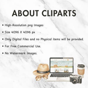 Summer-themed watercolor clipart of vintage travel accessories, including suitcase, airplane, and passport graphics for digital or print.