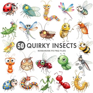 Puede incluir: Una colección de 50 ilustraciones de insectos extravagantes en formato PNG. La imagen presenta una variedad de insectos de estilo caricatura, incluyendo una mariquita, una libélula, una abeja y una hormiga. El texto "50 QUIRKY INSECTS" se muestra de forma destacada.